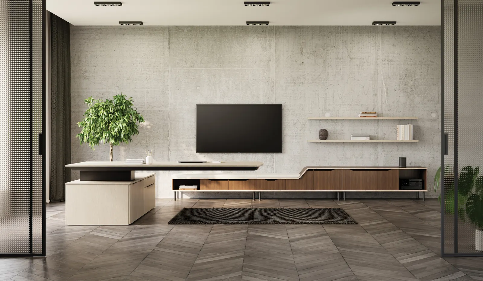JSI Vision executive media wall installed in a concrete-walled private office