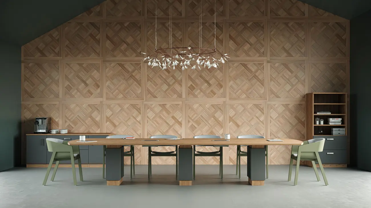 Conference room with custom parquet wood feature wall, installed by PNB